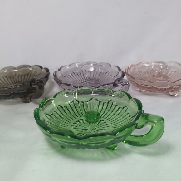 4 Set Depression Bowl Uranium Glass Pedestal Multicolor Black Green Pink Handle - Picture 2 of 15